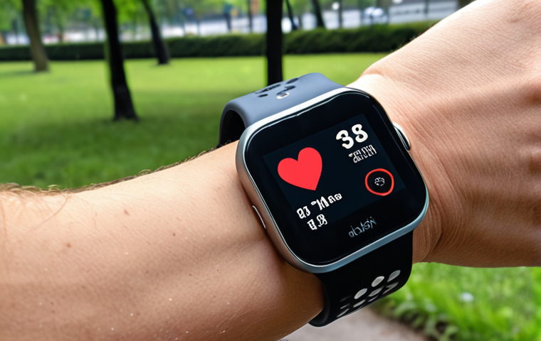 ** A runner using a running app on their smartwatch, with data displayed showing pace, heart rate, and distance. The background subtly shows a city park. Focus on the technology and healthy lifestyle aspect.
**