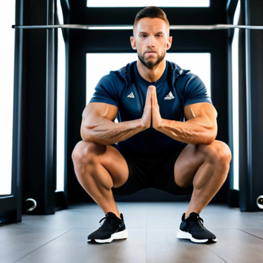 **

A professional fitness coach, fully clothed in Adidas athletic wear, demonstrating proper form for a bodyweight squat in a modern, brightly lit home gym. Safe for work, appropriate content, modest clothing, perfect anatomy, correct proportions, well-formed hands, proper finger count, natural body proportions, high quality, professional.

**