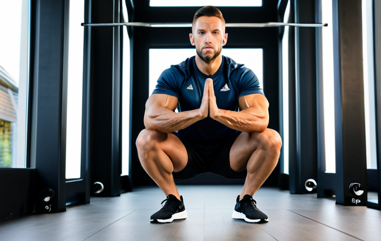 **
A professional fitness coach, fully clothed in Adidas athletic wear, demonstrating proper form for a bodyweight squat in a modern, brightly lit home gym. Safe for work, appropriate content, modest clothing, perfect anatomy, correct proportions, well-formed hands, proper finger count, natural body proportions, high quality, professional.
**