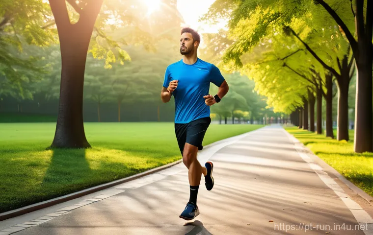 러닝 워치 및 장비 연결법 - **Prompt 1: Focused Athlete with Advanced Wearable**
"A fit male runner, mid-stride on a modern ...