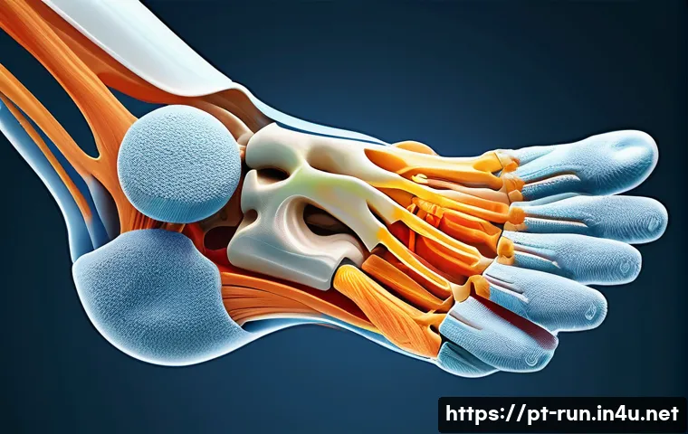 러닝 중 발생하는 발목 통증 관리법 - **Prompt:** A detailed, semi-transparent anatomical illustration of a healthy human ankle joint, vie...