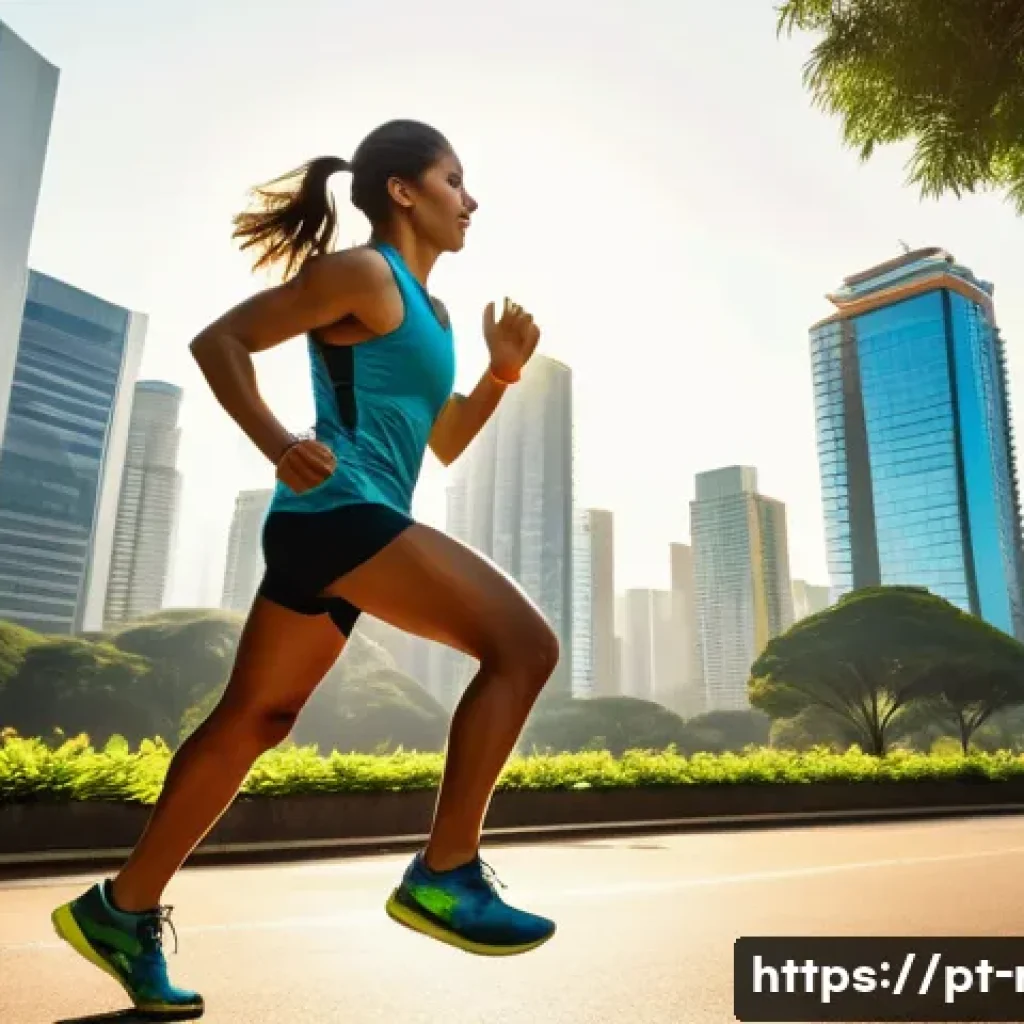 러닝 기록 어플 비교 - A detailed scene of a Brazilian runner jogging through a vibrant urban park in São Paulo during earl...