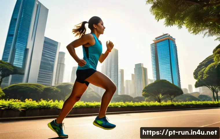 러닝 기록 어플 비교 - A detailed scene of a Brazilian runner jogging through a vibrant urban park in São Paulo during earl...