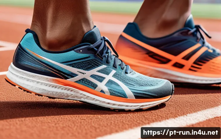 러닝 중 발걸음 유형 진단법 - A detailed, realistic illustration showing three runners on a track, each demonstrating a different ...