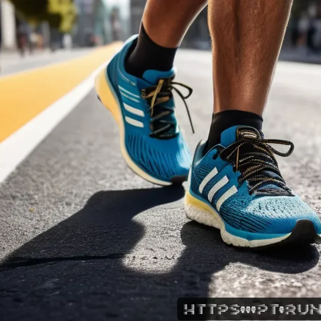 러닝화 쿠션 소재별 특징 - A close-up dynamic scene of a runner’s feet striking an urban asphalt road wearing modern running sh...