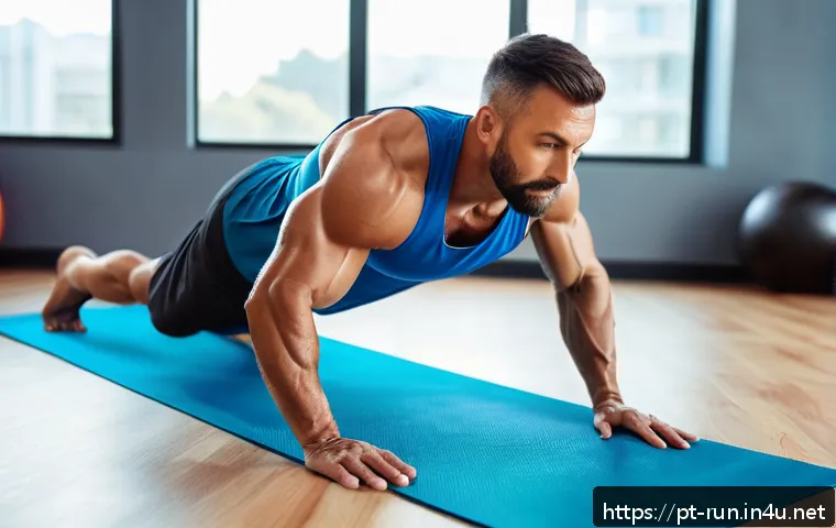 러닝을 위한 크로스 트레이닝 - A fit adult male runner performing a plank exercise on a yoga mat in a bright, modern gym environmen...