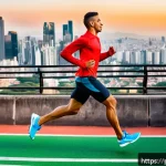 러닝화 초경량 모델 리뷰 - A dynamic scene of a Brazilian runner wearing ultralight running shoes sprinting on a vibrant urban ...
