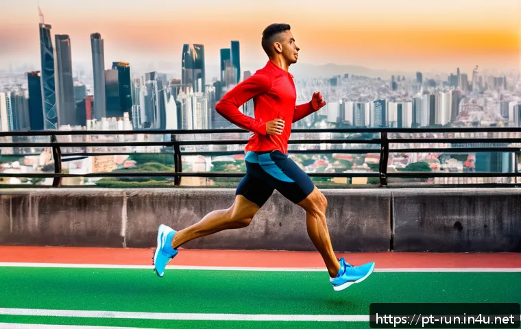 러닝화 초경량 모델 리뷰 - A dynamic scene of a Brazilian runner wearing ultralight running shoes sprinting on a vibrant urban ...