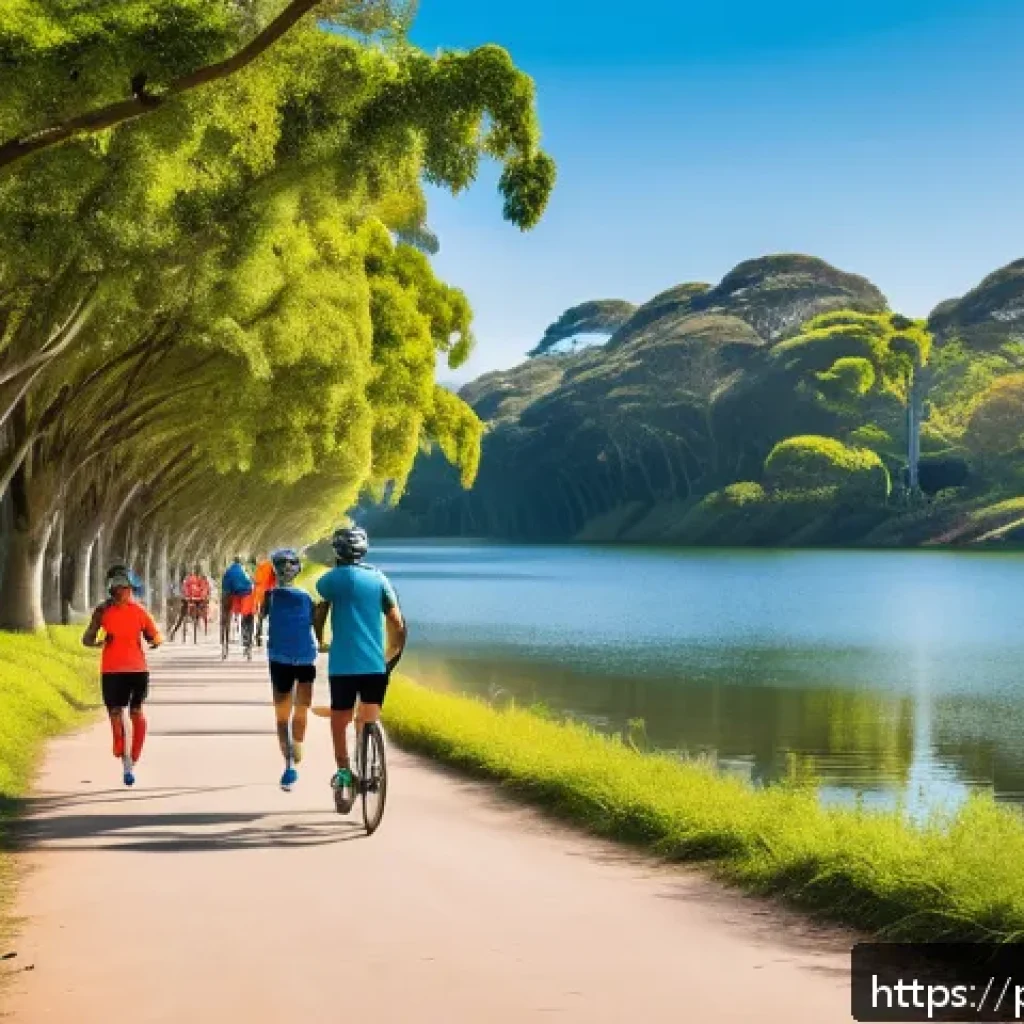러닝 중 지루함 극복 방법 - A vibrant urban park scene in Brazil during early morning, featuring a diverse group of runners wear...