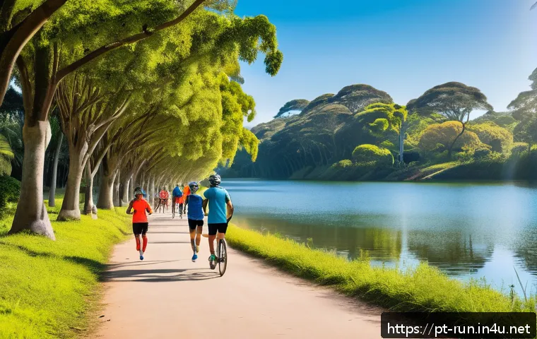 러닝 중 지루함 극복 방법 - A vibrant urban park scene in Brazil during early morning, featuring a diverse group of runners wear...