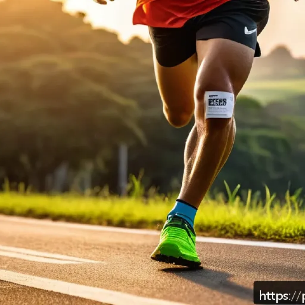 러닝 에너지 젤 사용법 - A dynamic scene of a Brazilian runner in mid-stride during a long-distance race at sunrise, wearing ...