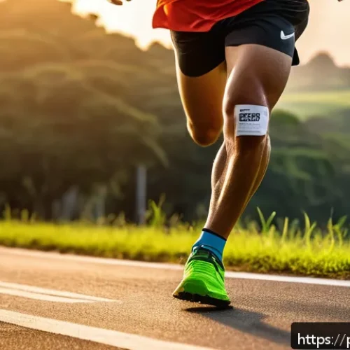 러닝 에너지 젤 사용법 - A dynamic scene of a Brazilian runner in mid-stride during a long-distance race at sunrise, wearing ...