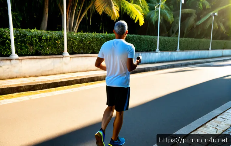 Home 17 러닝 거리 목표 설정법 - Photorealistic early-morning running scene in a Brazilian city park, a middle-aged runner in modest ...
