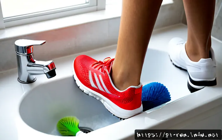 Home 17 러닝화 소재별 세탁법 - Photorealistic close-up of breathable mesh running shoes being gently hand-washed in a white utility...